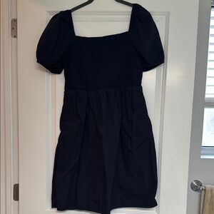 Navy Smocked Dress with Puff sleeves
